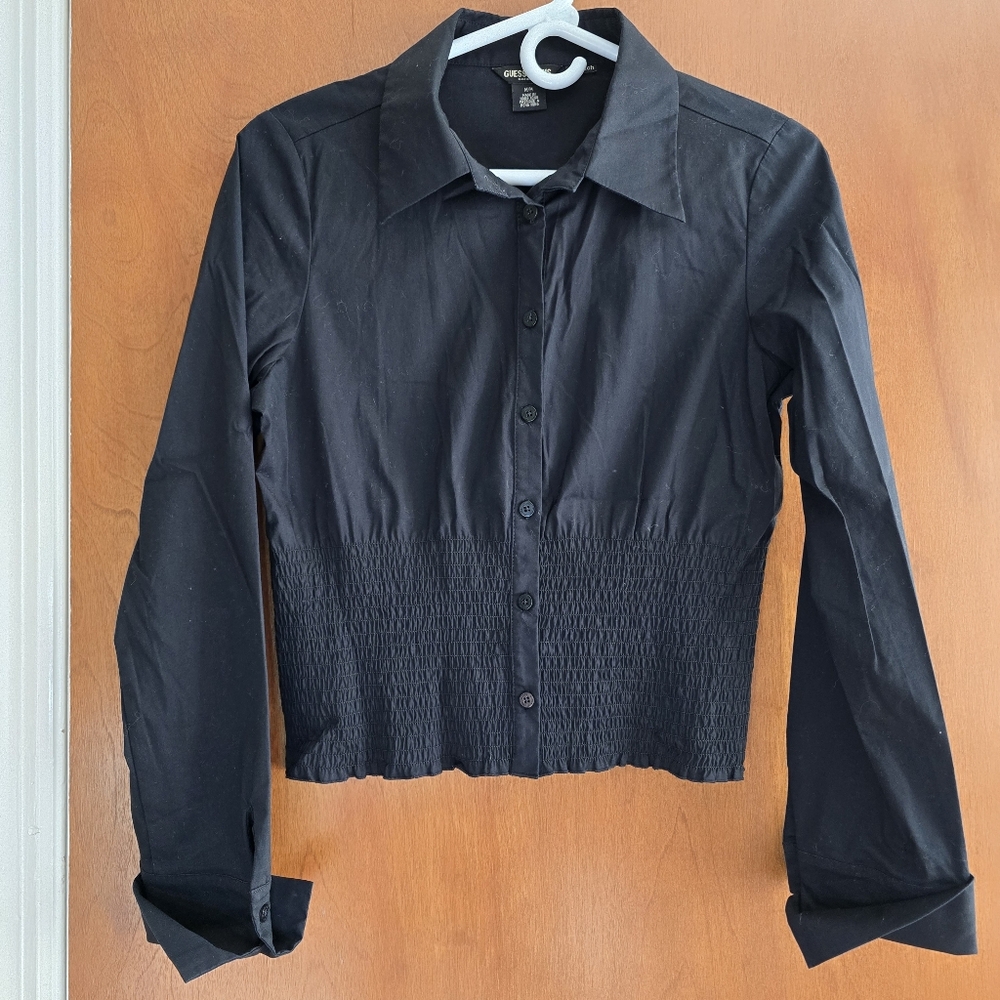 Guess black ribbed panelling classic collar front button fastening long sleeves
